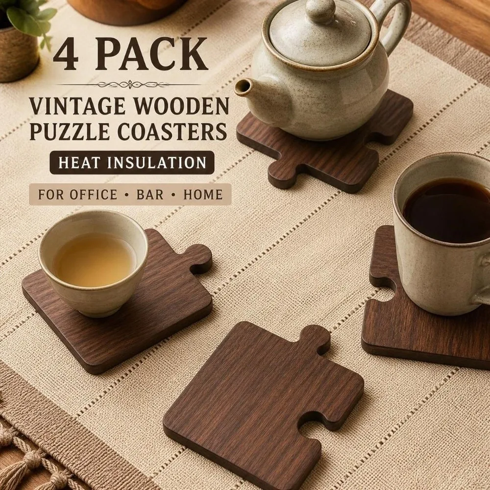 4pcs Vintage Wooden Coaster Set Heat Resistant Christmas Decor Building Block Coasters Non Slip Puzzle Coasters Home Decor