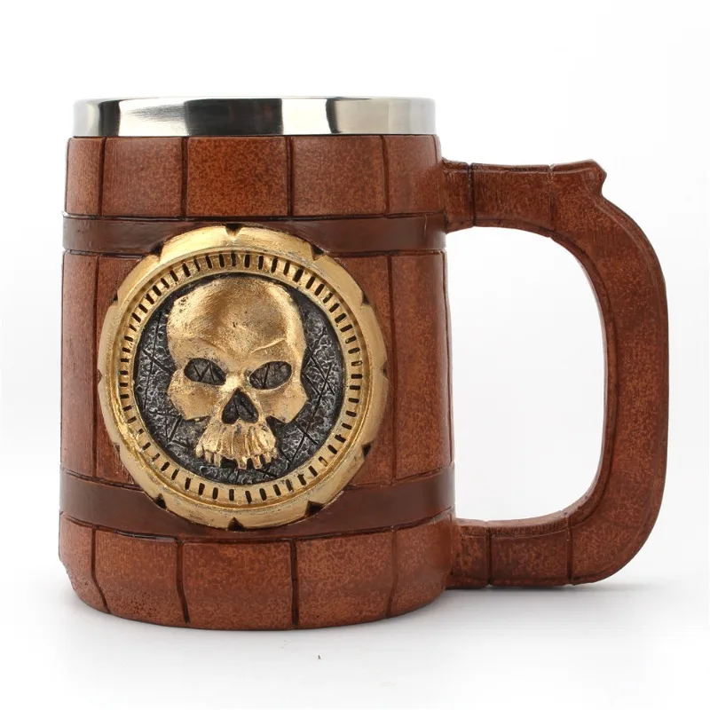 600ml Vintage Skull Wood Handle Double Insulated Stainless Steel Cups Drinking Cup Beer Coffee Mug Office Home Party Drinkware