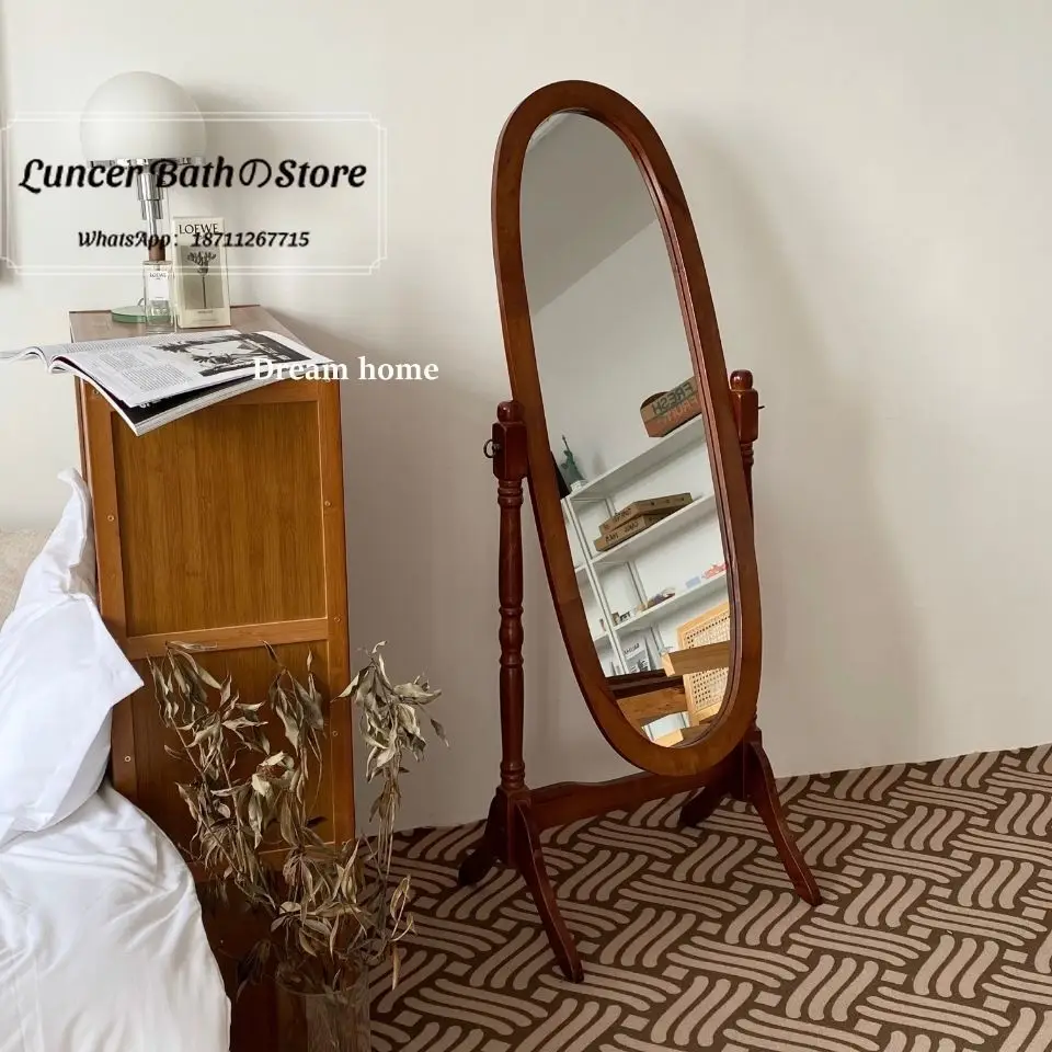Korean Blogger Ins Style Floor Mirror, French Vintage MCM Full Length Dressing Mirror for Bedroom, Retro Home Decor