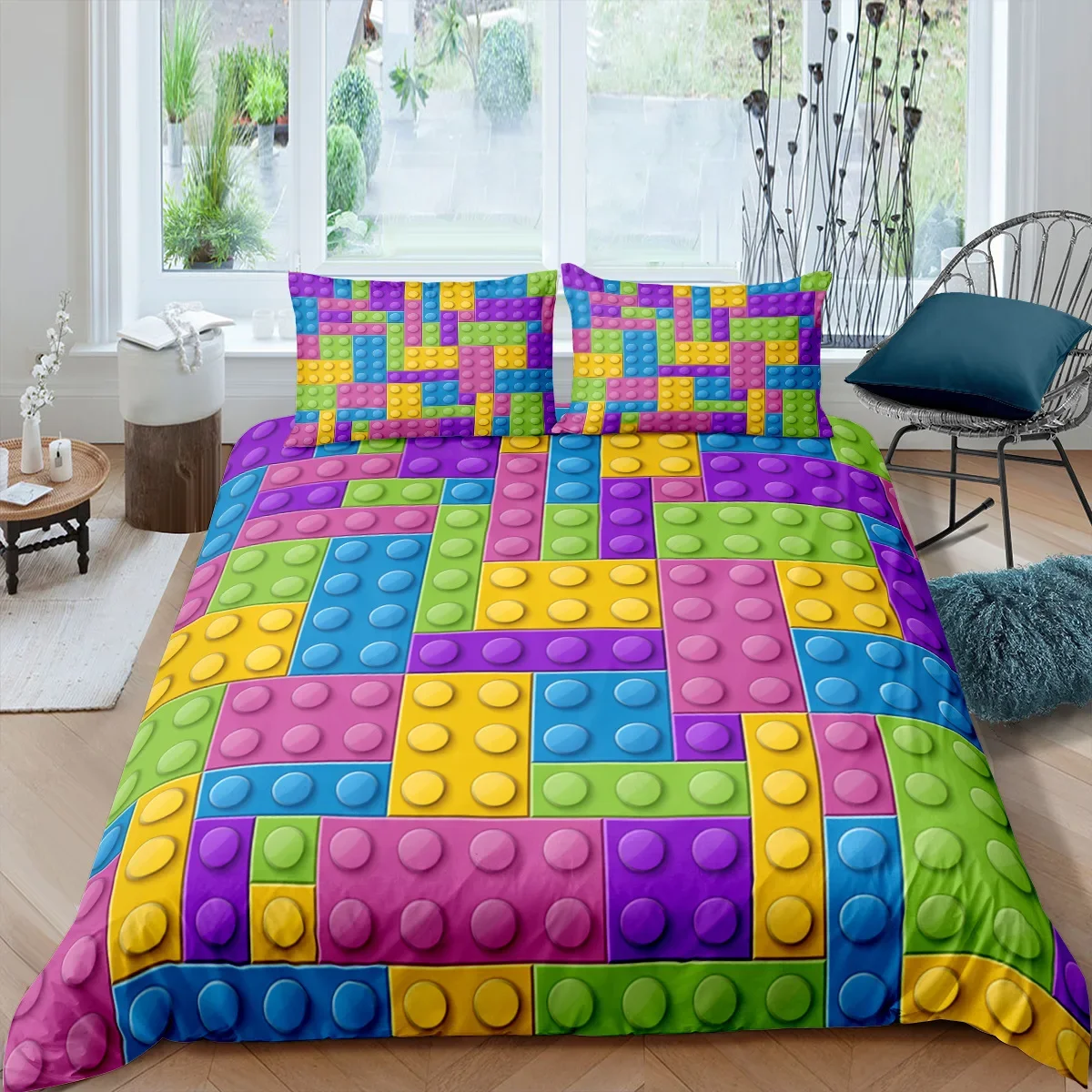 Colorful Blocks Duvet Cover King/Queen Size,Building Toy Bedding Set Kids Boys Girls Orange Blue Fun Brick Polyester Quilt Cover