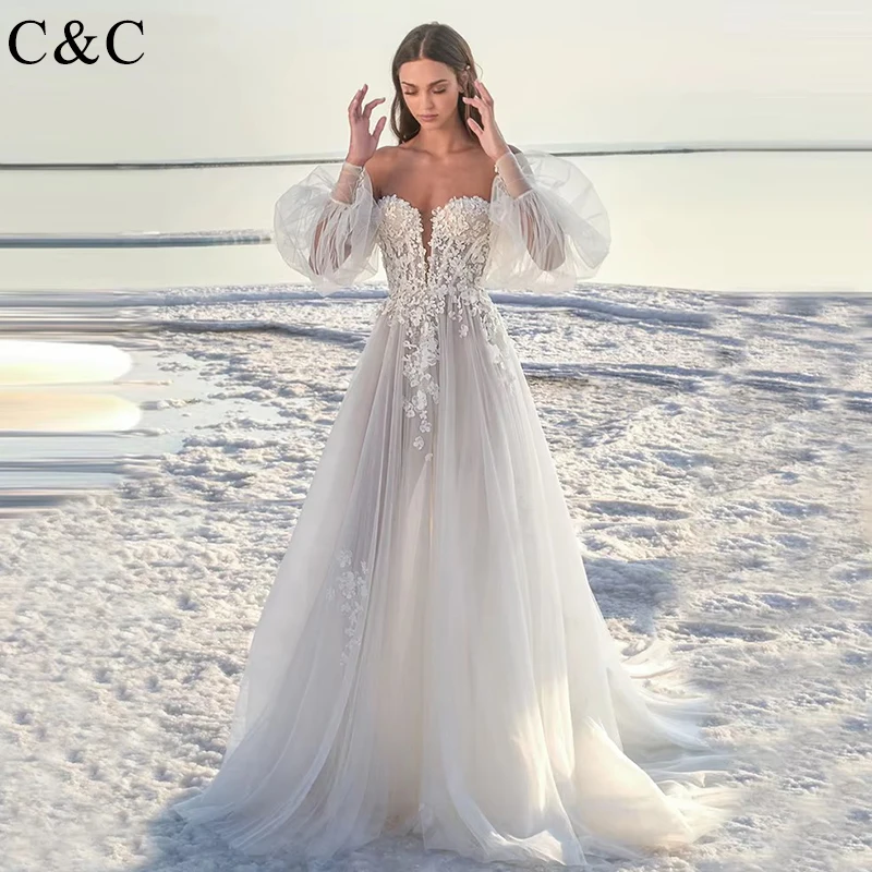 C&C A Line Tulle Brides Wedding Dress Puff Long Sleeve Floral Applique Bride Dress Beach Off ShoulderBohemian Wedding Gown