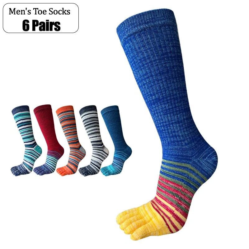 

6 Pairs Men's Toe Socks 100% Cotton Coloured Striped Antibacterial Hard-wearing Five-toe Sports Socks Outdoor Hiking Socks
