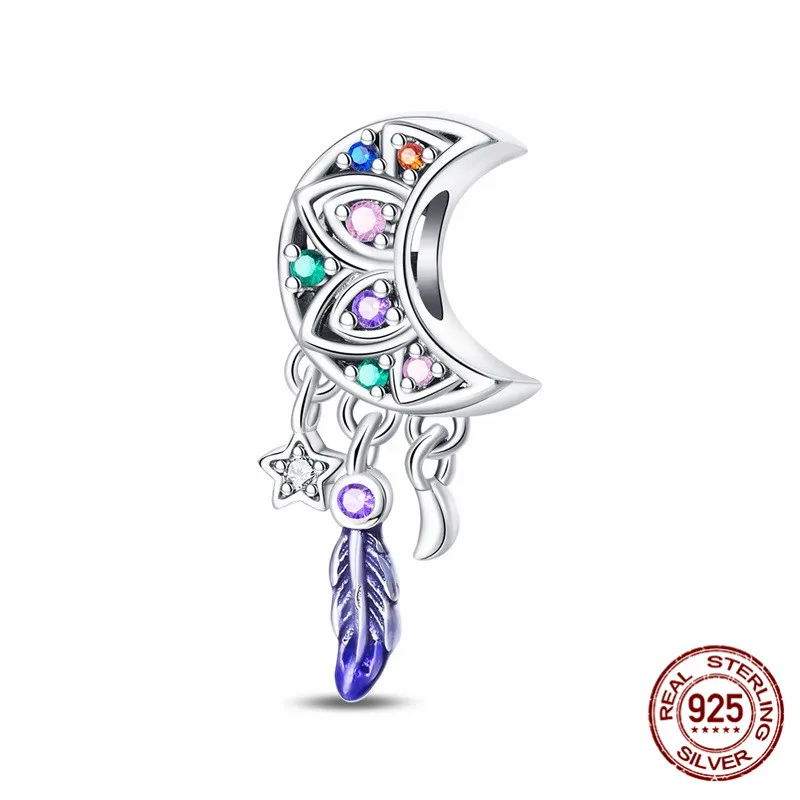 

925 Sterling Silver Zircon Moon-Shaped Pendant Romantic Bohemian Dreamcatcher Style Perfect for DIY Bracelets Womens Jewelry