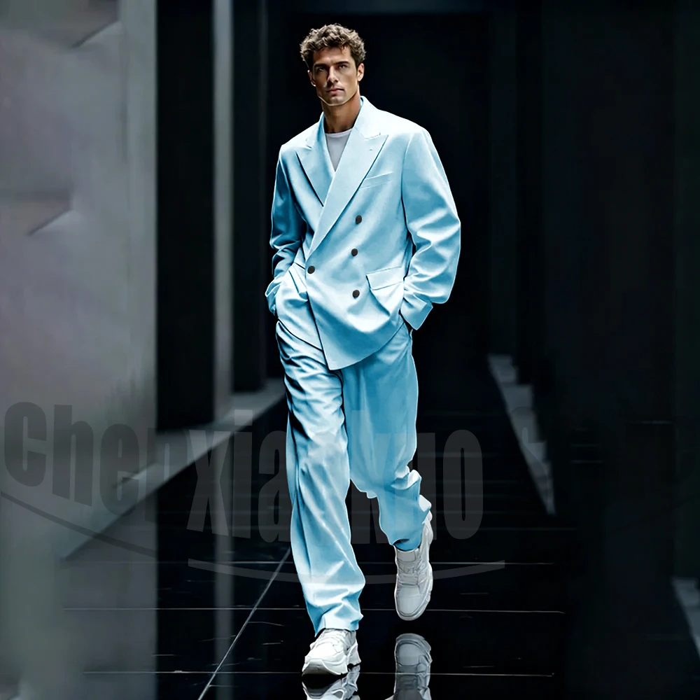 Men's White Oversized Suit Set Streetwear Style Double Breasted Outfit Business Casual Party Wedding Fashion Suits 2 Piece