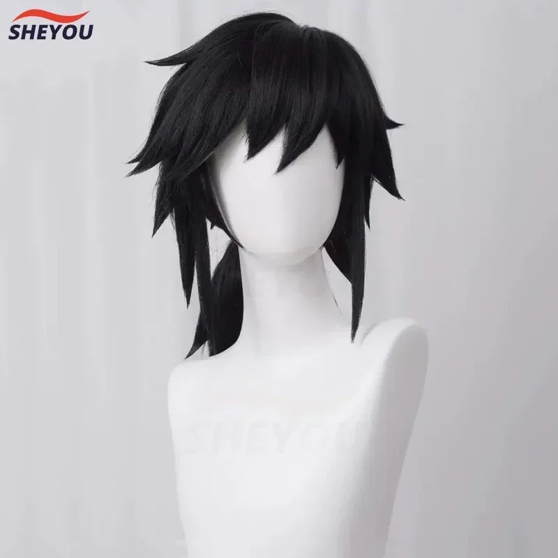 Tomioka Giyuu Cosplay Wig Anime Demon Slayer Kimetsu no Yaiba Black Ponytail Heat Resistance Synthetic Hair Wigs Free Wig Cap