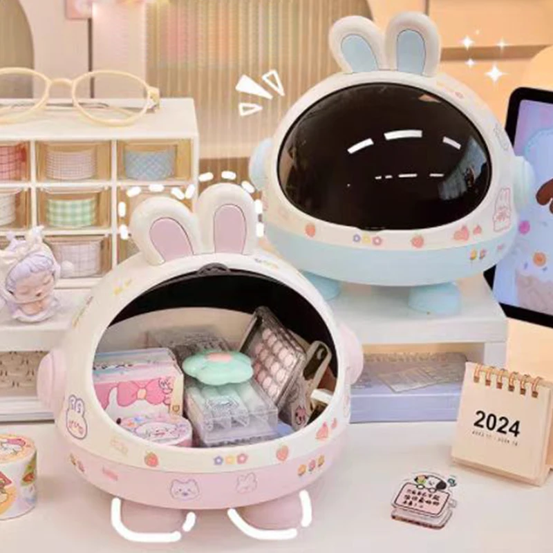 Desktop Rabbit Storage Box Desk Organizer Bin Cute Student Girls Hair Accessories Stationary Storage Kawaii Storage Rack