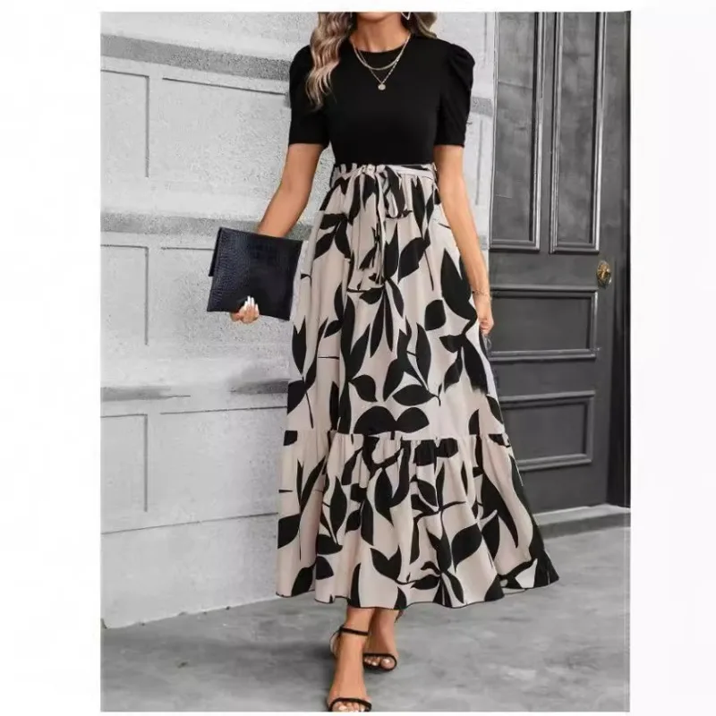 Women's Round Neck Dress with Elegant Floral Print, Exotic Vacation Style, Spring and Summer New Collection