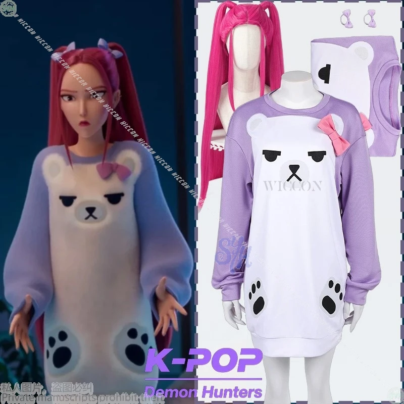 Anime Kpop Demon Huntrix Cosplay Mira disfraz Kawaii Lila oso pijamas lindo dulce sudadera de manga larga encantador disfraz de Halloween