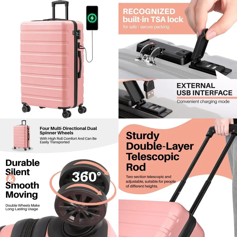 Lightweight ABS Hardside Luggage with USB Port, TSA Lock, Wheels, and Large 28 Inch Pink for Travel