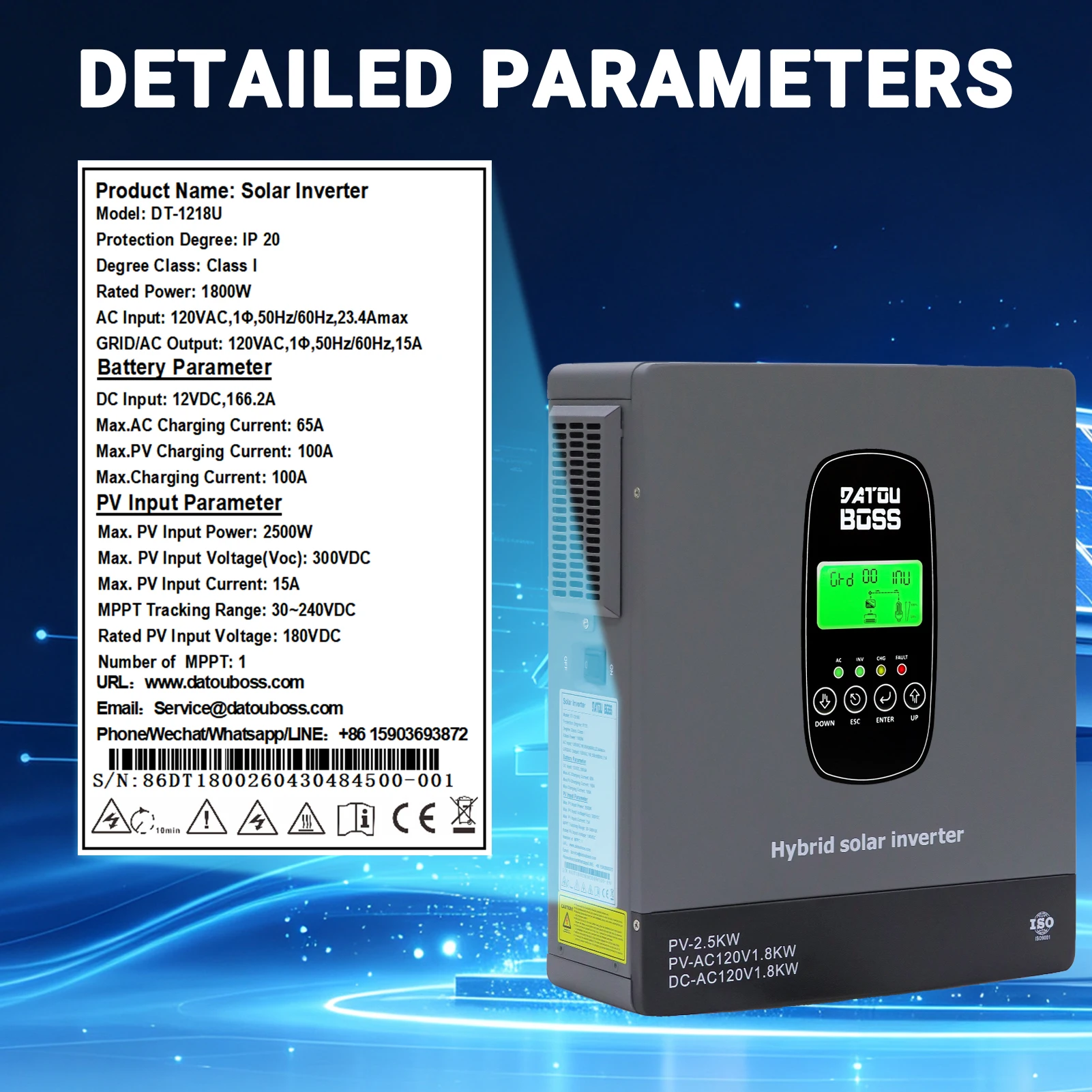DATOUBOSS 12V 1800W Hybrid Solar Inverter 12V DC to 120V AC Pure Sine Wave 100A MPPT Solar Charger, 2500W PV Input, 300V Max PV, 65A AC Charging, Off-Grid Home Backup and RV Solar Systems