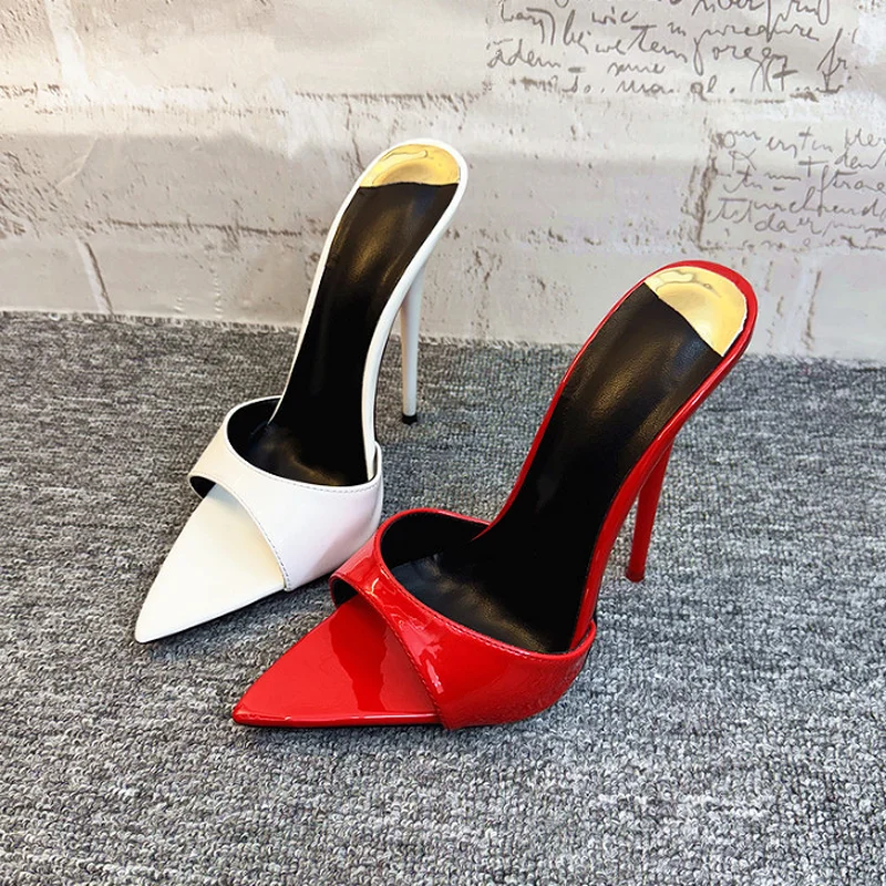 CA 16/14CM High Heels Slippers,Women Summer Slides,Stage Show Shoes,Open Pointed Toe,Sheepskin Lining,Black,Red,Custom Colors