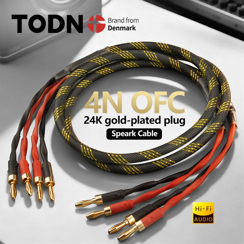 TODN 1 Pair HiFi Speaker Cable 4N Oxygen-Free Copper Core 24K Gold Plated Banana Plug Hi-Fi Audio Wire for Amplifier CD Player
