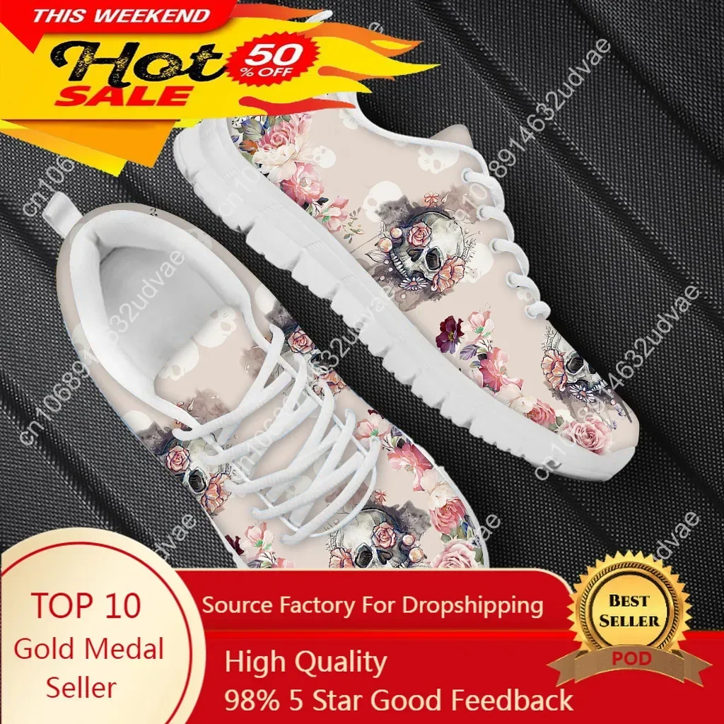 Spring Leisure Sneakers For Ladies Sugar Skull Pattern Gothic Flats Lace Up Shoes Comfort Air Mesh Footwear Zapatos