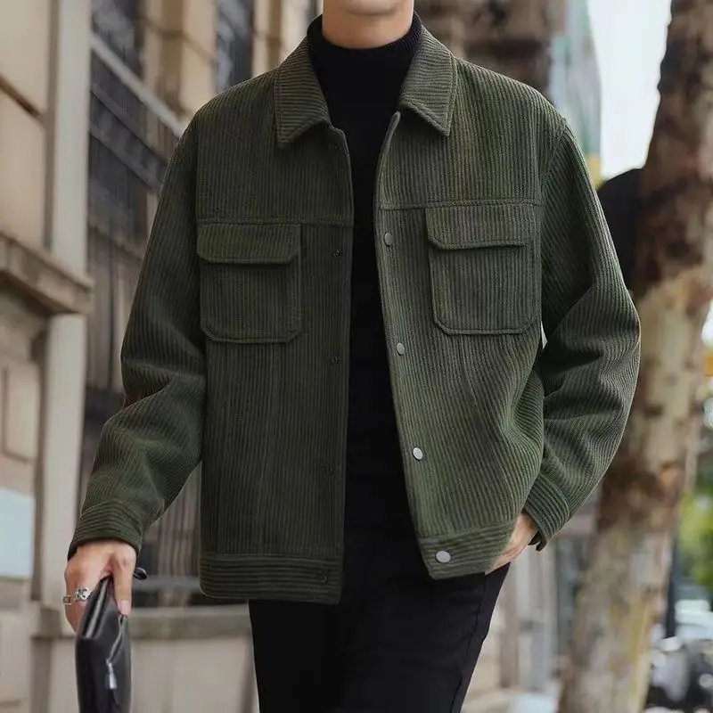 

2024 Spring Autumn Men's Fashion Lapel Workwear Jacket Male Single Breasted Corduroy Coats Men Solid Color Loose Outerwear P692