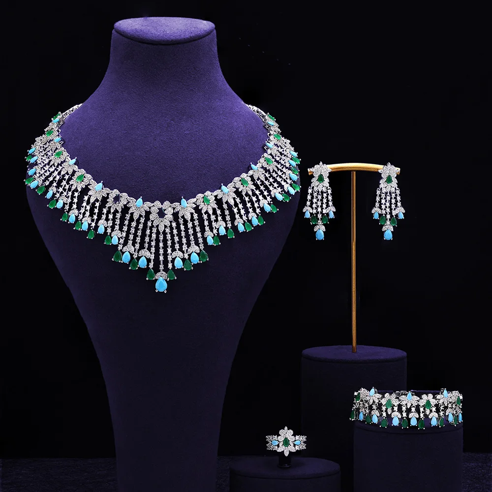 Exquisite Purple Cubic Zirconia Tassel Jewelry Set 4Pcs Necklace Earring Bracelet Ring Elegant Bridal Wedding Party Fashion Gift