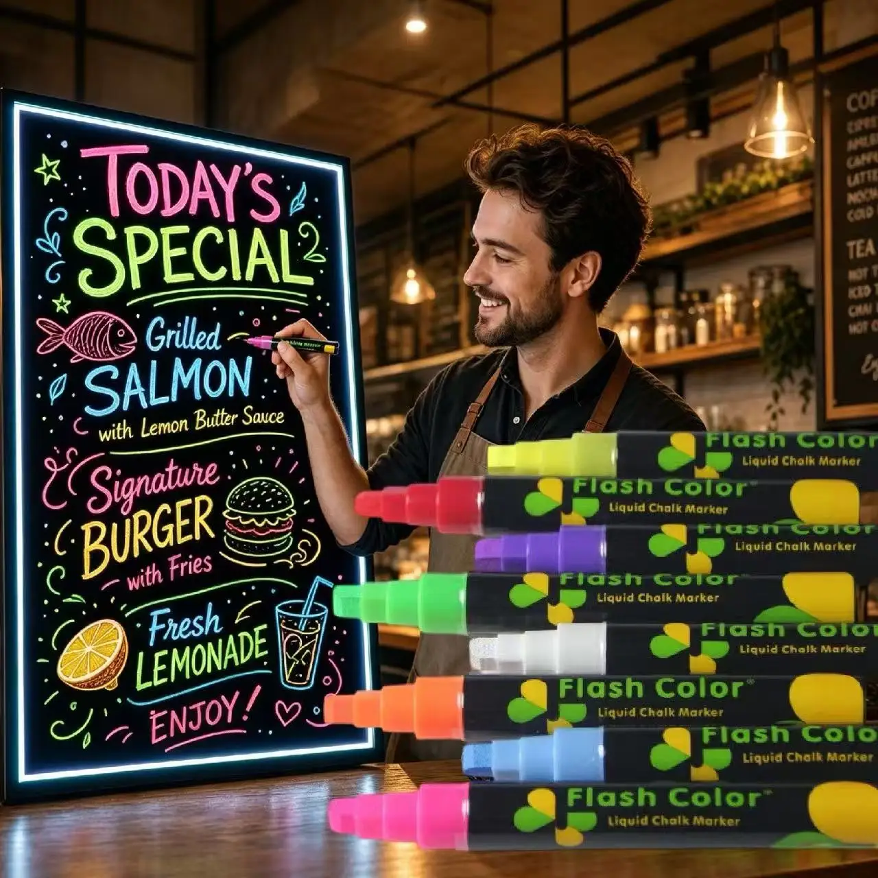 

8pc Washable Fluorescent Chalk Marker Set - Works on Glass, Metal, Plastic & More | Easy Wipe Clean for Home & Office