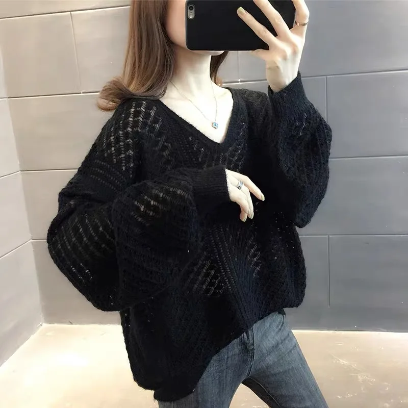 

Women Long Sleeve Crochet Knit Top Spring Autumn Fashion Solid V-neck Casual Pullovers Hollow Out Loose Thin Sweaters