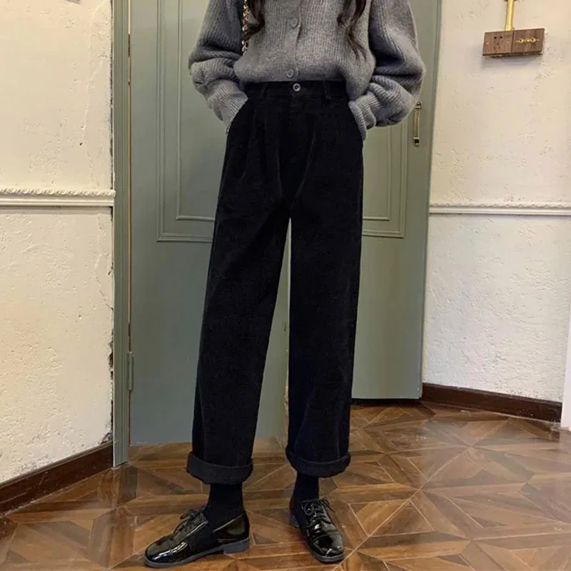 MEXZT Corduroy Wide Leg Pants Women Vintage High Waist Pockets Baggy Trousers Streetwear Korean All Match Black Straight Pants