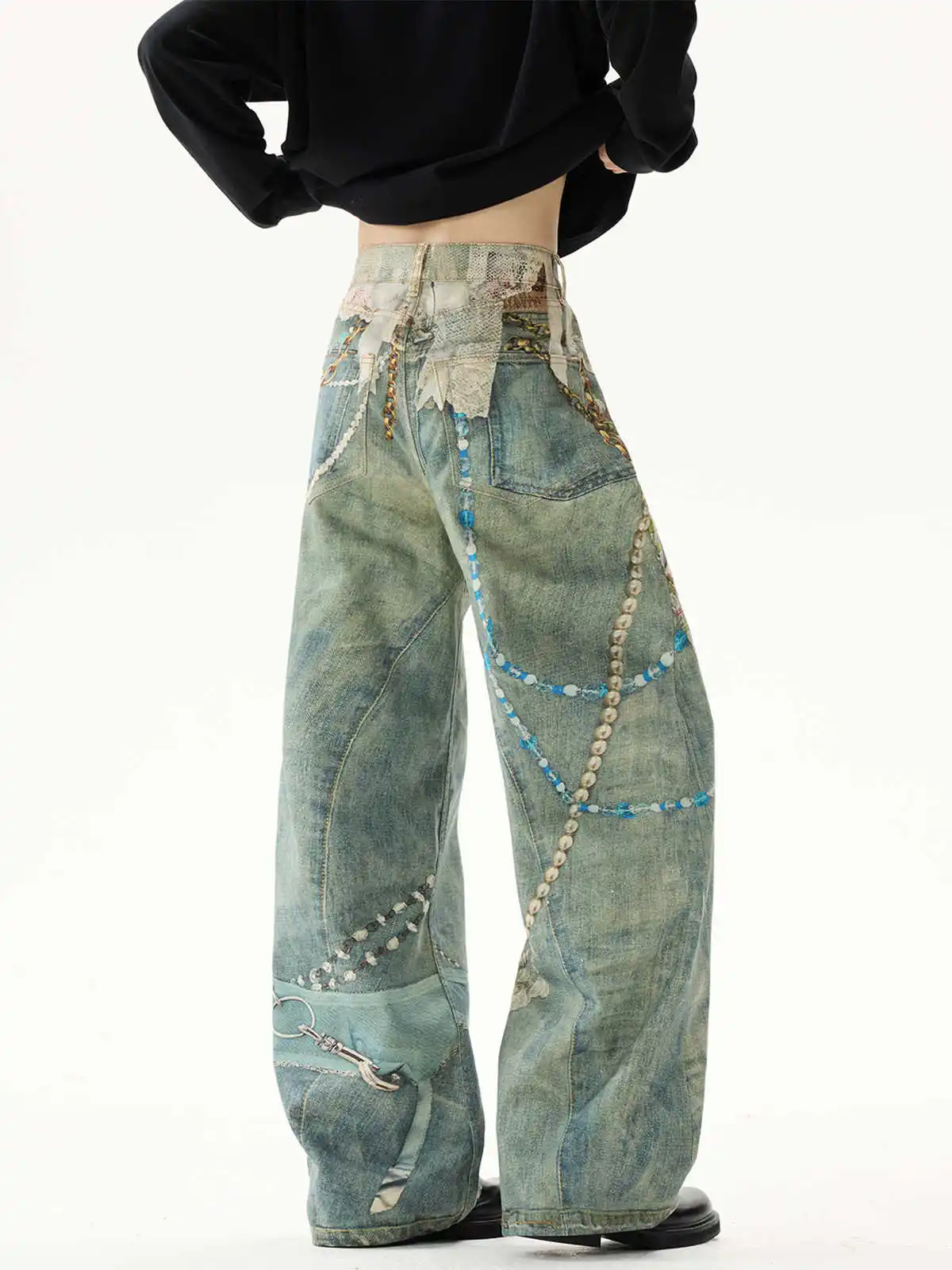 Men's Lace Pearl Chain Pattern Print Casual Pants Street Wide Leg Menswear Vintage Straight Male High Waist Trousers