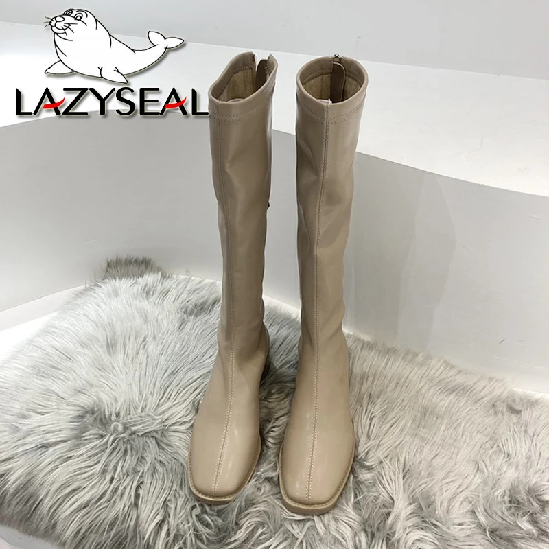 LazySeal Autumn Winter Low Heel Women Concise Long Boots High Quality Soft Leather Square Toe Casual Knee-high Boots Botas Mujer