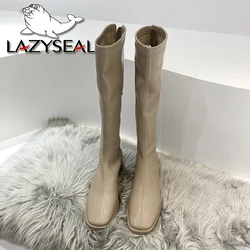 LazySeal Autumn Winter Low Heel Women Concise Long Boots High Quality Soft Leather Square Toe Casual Knee-high Boots Botas Mujer