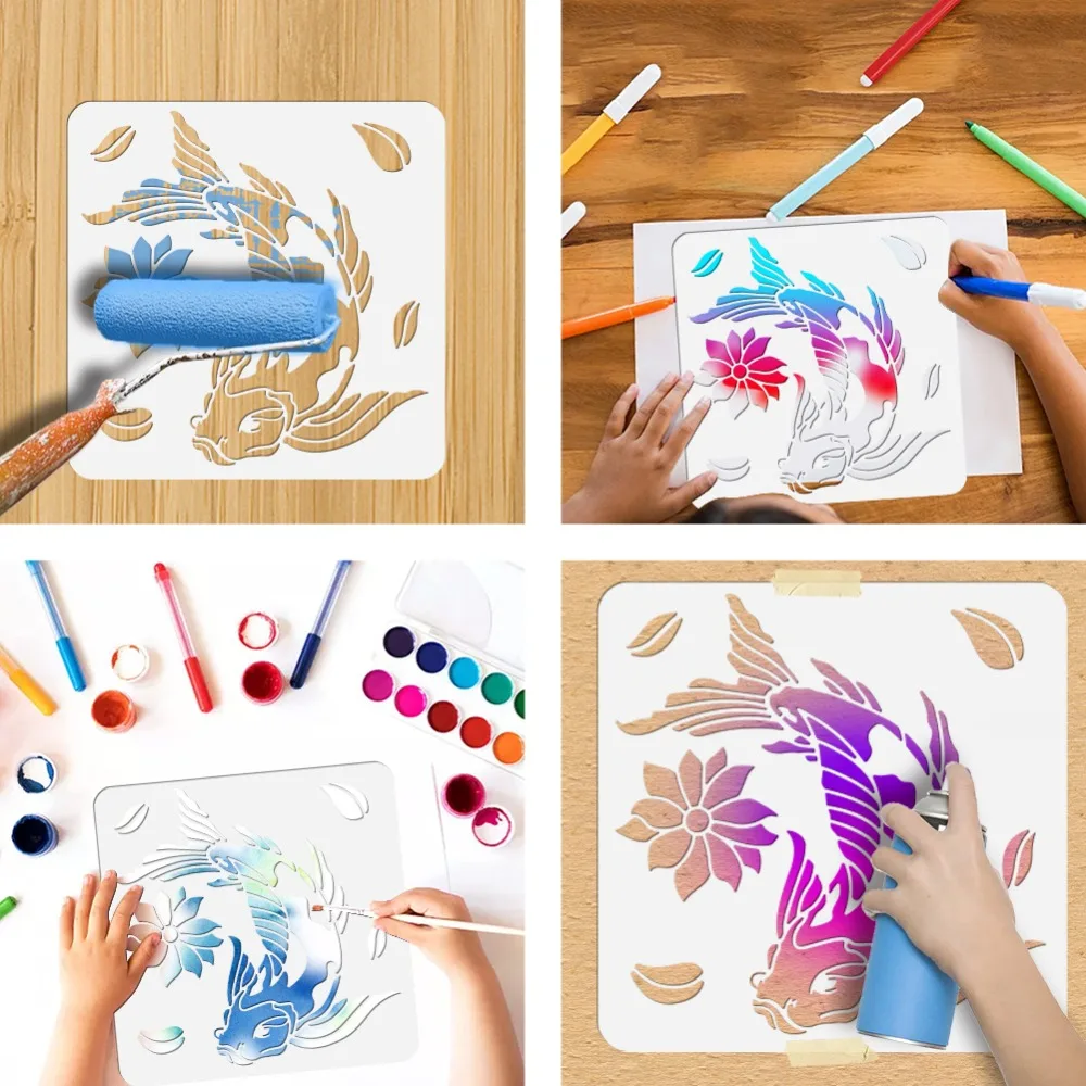 1pcs Lotus and Koi Painting Stencil Reusable PET  Templates DIY Art Craft Wall Cut Stencils for Painting