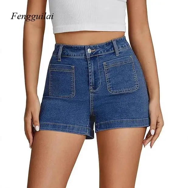 High Elasticity Denim Simple and Classic Workwear Design, with High-Waisted Denim Shorts Featuring Front and Back Pockets