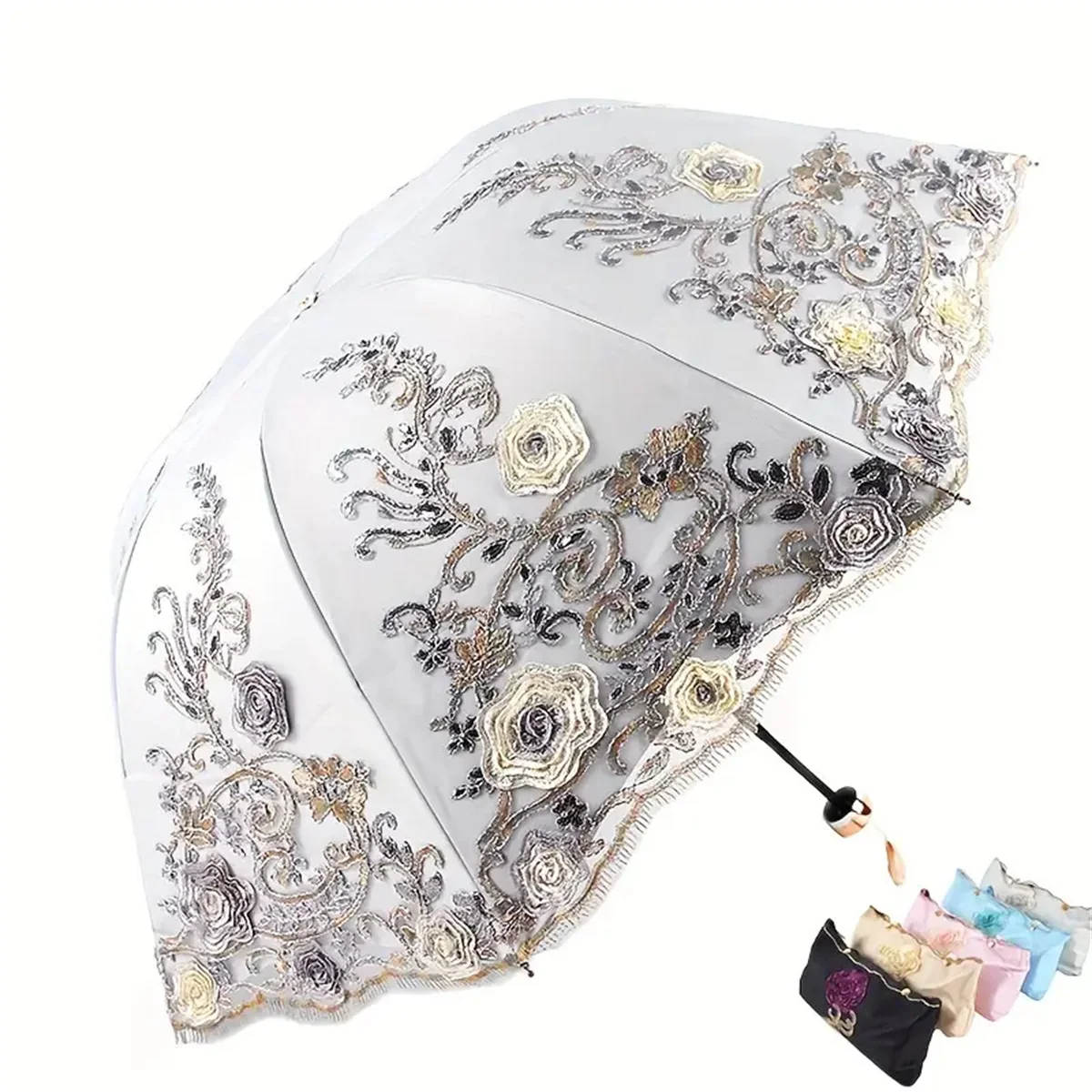 1pcs Lace Embroidery Parasol Anti-UV Folding Umbrella UPF50+ Vintage Flower Embroidery Umbrella Princess Umbrella Gift Umbrella