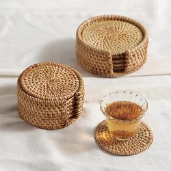 LuanQI-Natural Round Rattan Coaster, Hand Made Cup Mat, Tea Coffee Mug, Drinks Holder, Tableware Decor, Insulation Pads, 1Pc