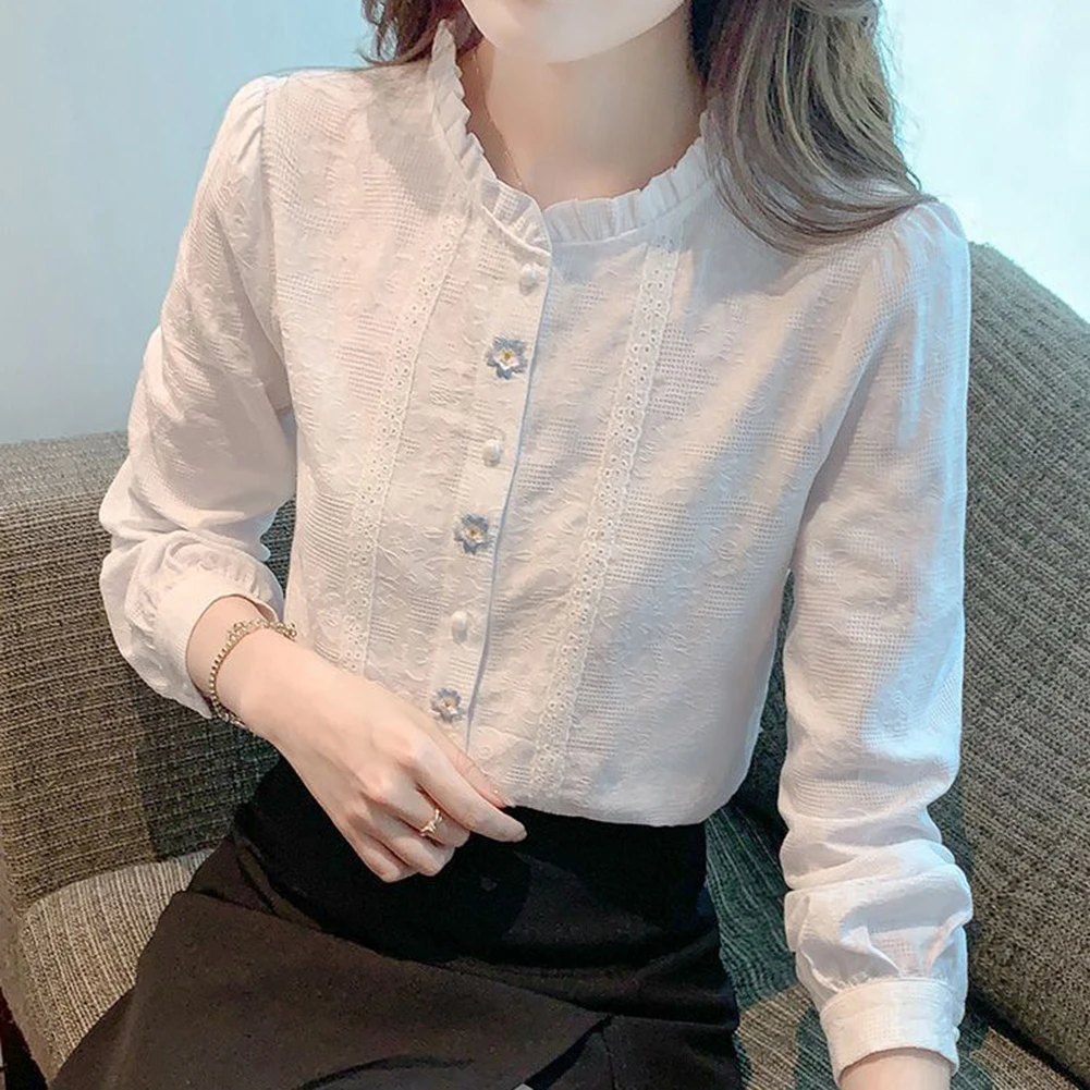 Chemise décontractée pour tous les jours, chemise brodée, vêtements de printemps et d'automne, chemise brodée bleue pour femmes, tissu en polyester