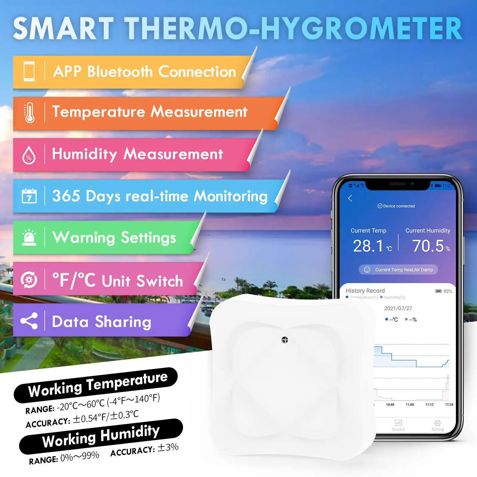 Imagem -06 - Termômetro sem Fio Bluetooth Higrômetro Temperatura e Umidade Displaydata Logger Monitor com Alertas App Pcs