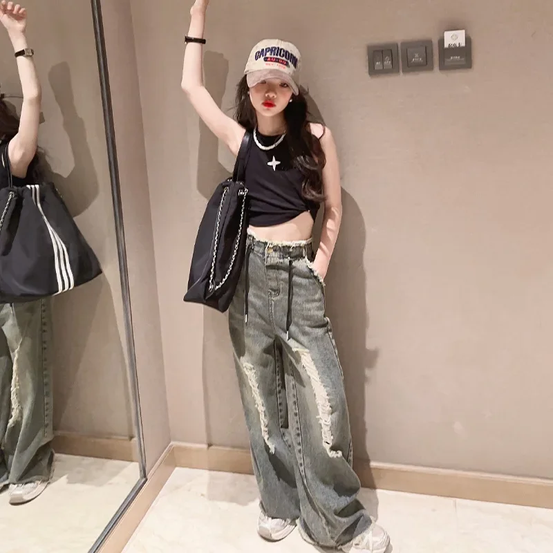 Youth Girls Clothing Set Summer Thin Sleeveless Vest Ripped Jeans 2pcs Children Costumes Wide Leg Pants Streetwear Kids Outfits