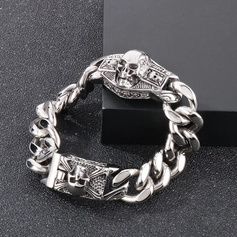 Fongten 21cm Gothic Skeleton Charm Bracelet For Women Cuban Chain Stainless Steel Bracelet Men Bangle Silver Color Wrist Jewelry