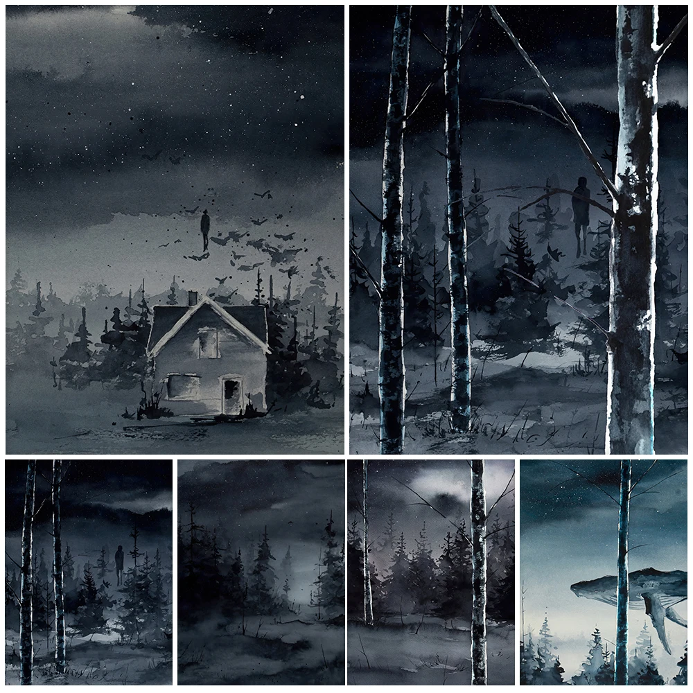 Gothic Haunted Forest Wall Art Canvas Painting Mysterious Dark Birch Misty Forest Art Poster And Print Home Decoration Unframed