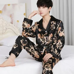 Luxury Brand Silk Pajamas Men Long Sleeve Button Shirt Long Pant Pajama Sets Homewear Loungewear Korean Loose Sleepwear New