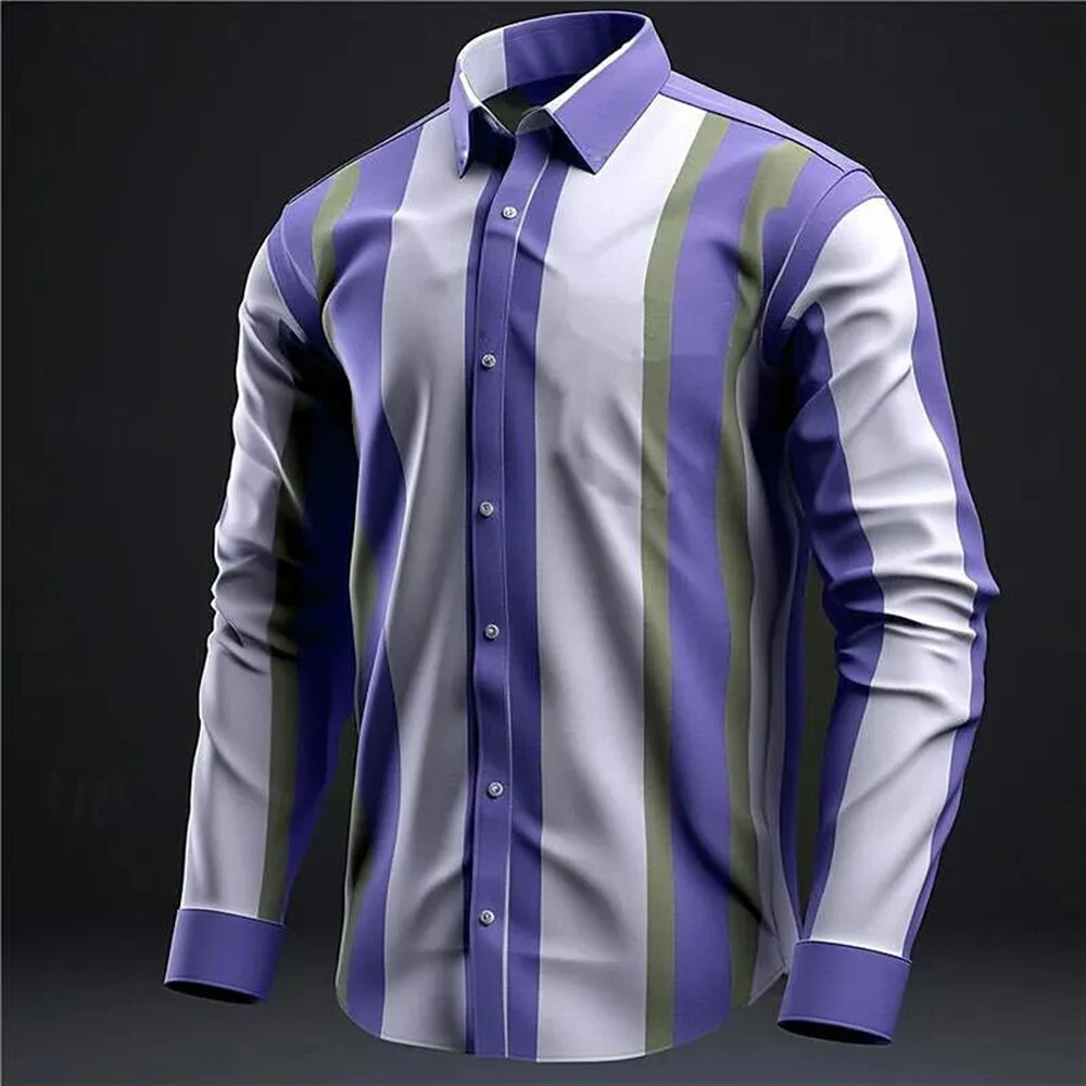 Men's Colored Stripe Contrast Color 3D Printed Button Long Sleeve Shirt Comfortable Breathable Men's Shirt Slim Design Men's