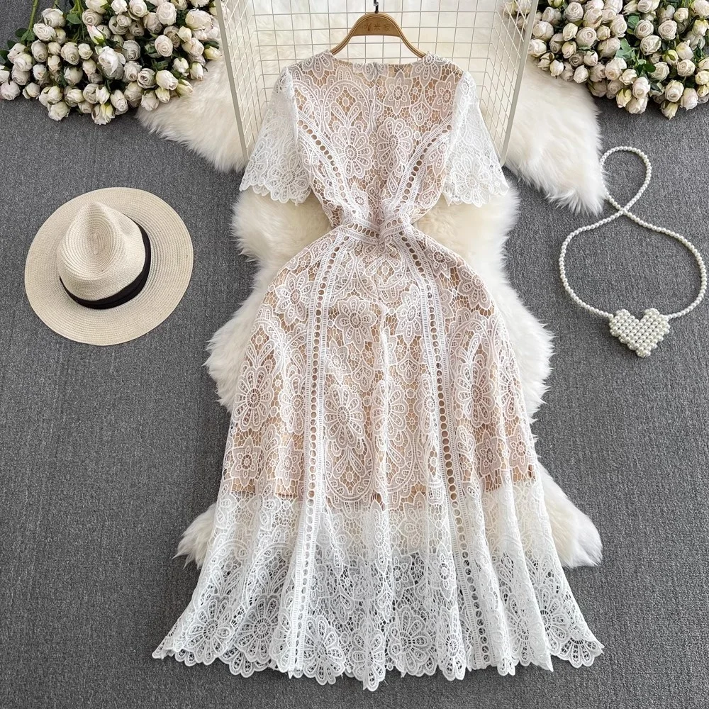 JAMERARY Runway Summer Elegant Lace Dress Women Short Sleeve Flower Embroidery Long Dresses Lady Hollow Evening Party Vestidos