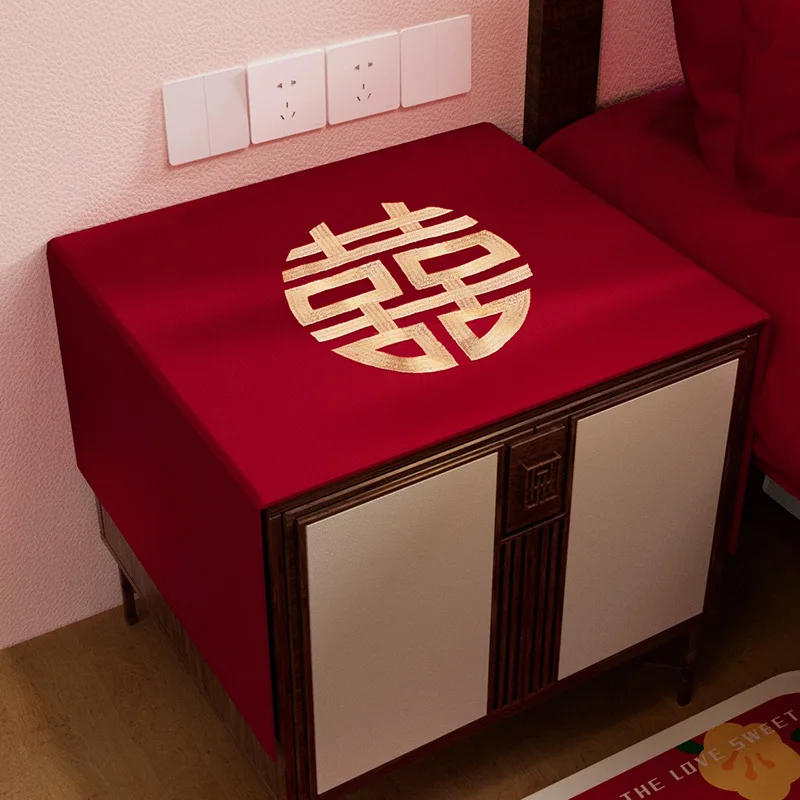 Wedding Bedroom Decorative Dustproof Cover Cloth Red Celebration Table Mat Floral Embroidery Bedside Table Cover