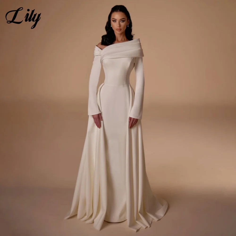

Lily Ivory Party Dress A-Line Evening Dresses Off the Shoulder Satin Gala Dress with Pleats فساتين السهرة Customized
