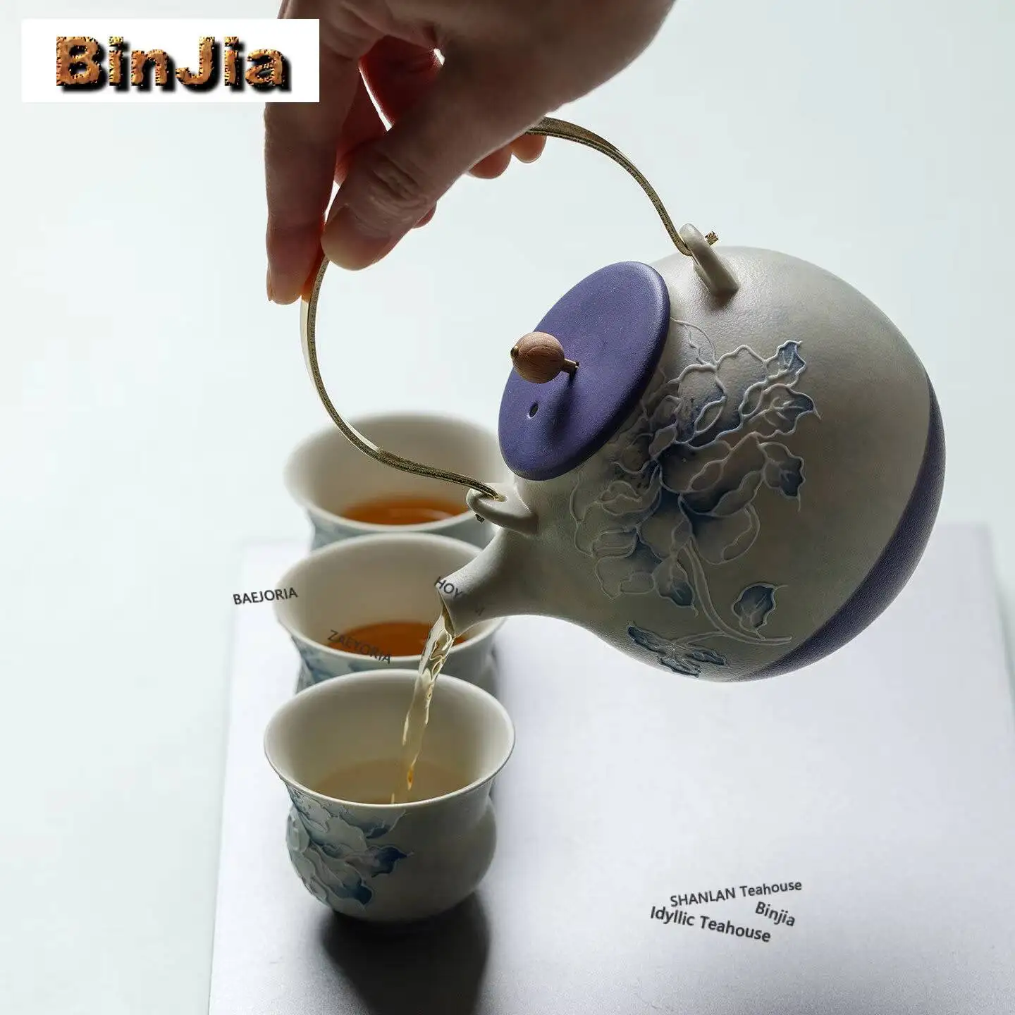 400ml Purple Rhymes Peony Hoop Handle Teapot Zen Tea Infuser Pot Tea Soaking Kettle With Strainer For Tea Supplies Ornaments