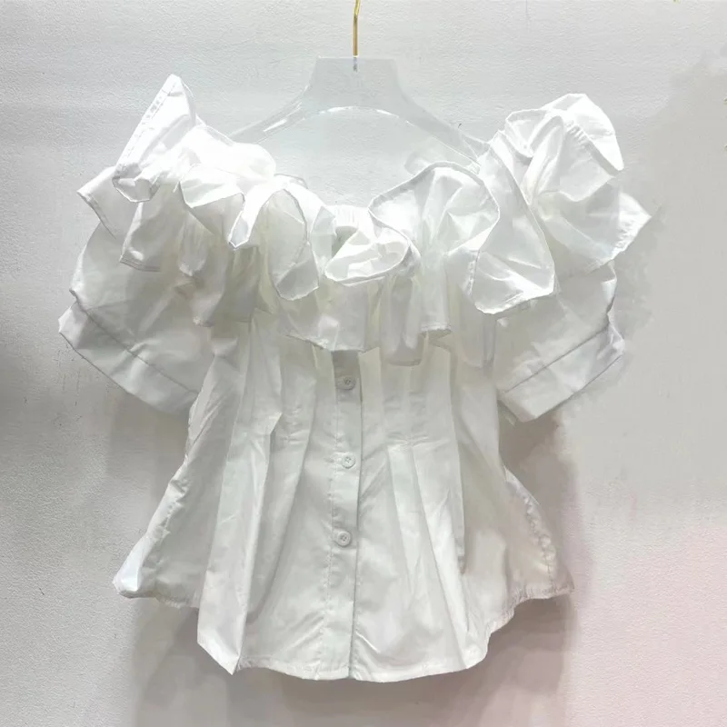 

This Year's Trend Korean Chic Unique White Off-Shoulder Shirt Top For Women Summer Design Sense Niche