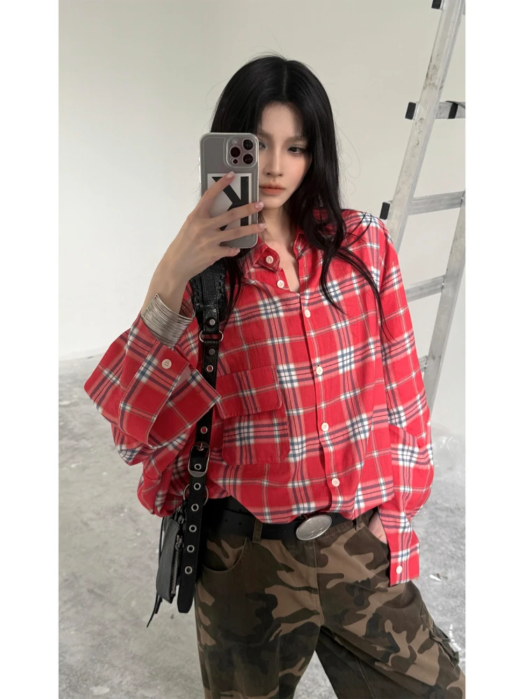 

Ретро-рубашка в красную клетку, свободного кроя, с длинными рукавами, повседневная, с защитой от солнца, верхняя одежда из полиэфирного волокна, стандартная длина рукавов, воротник-стойка