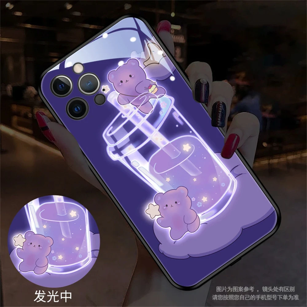 Cute Boba Milk Tea LED Phone Case Cat Call Light Up Funny Cartoon Cover For iPhone 16 15 14 13 12 11 Pro Max X XS XR Mini SE2020