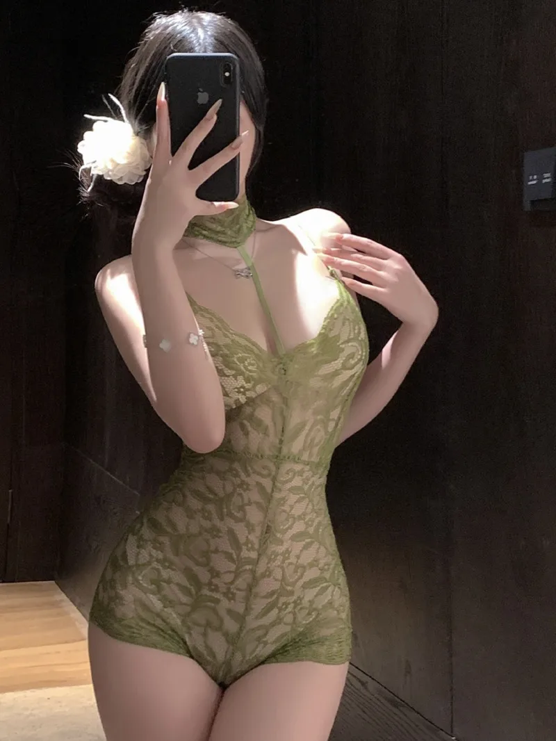 

Sexy Lace Halter Neck Strap Bodysuit Solid Color Transparent Flower Print Bodysuits Backless Deep V Suspenders Sleeveless ZXW9