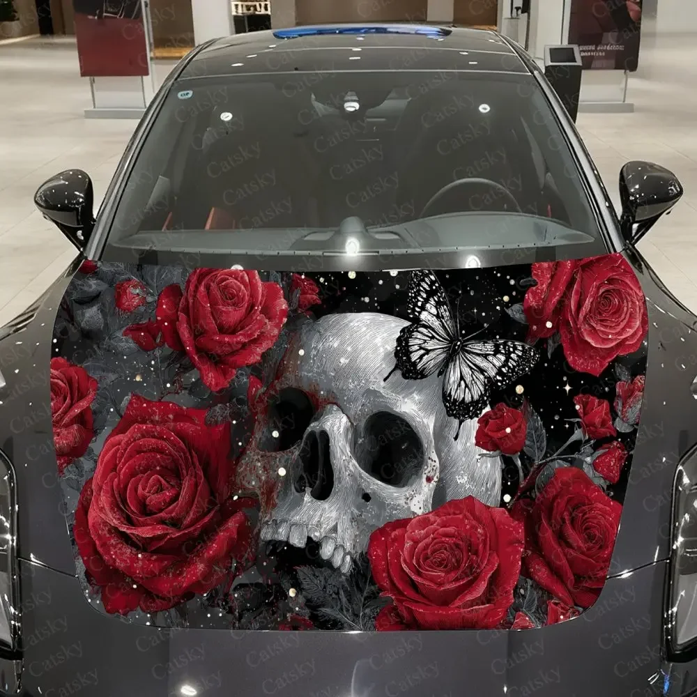 

Skull & Butterfly Car Vinyl Wrap, PVC Waterproof Car Hood Sticker, Self-Adhesive Scratch-Resistant Stickers for Engine Cover