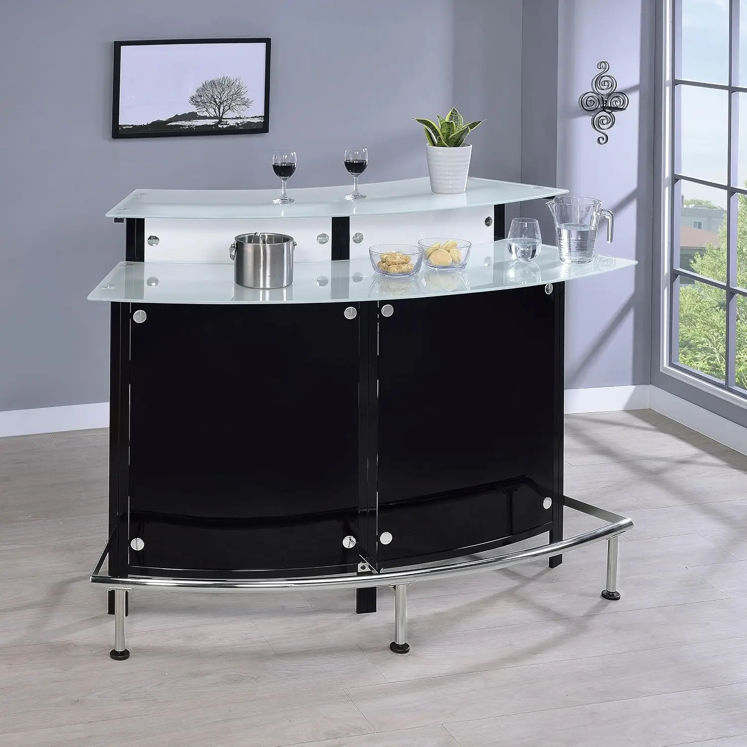 Glass Bar Cabinet with Bottle Wine Rack, Stemware Storage & Chrome Footrest, Dining Room & Home Bar Furniture, Black, Customized
