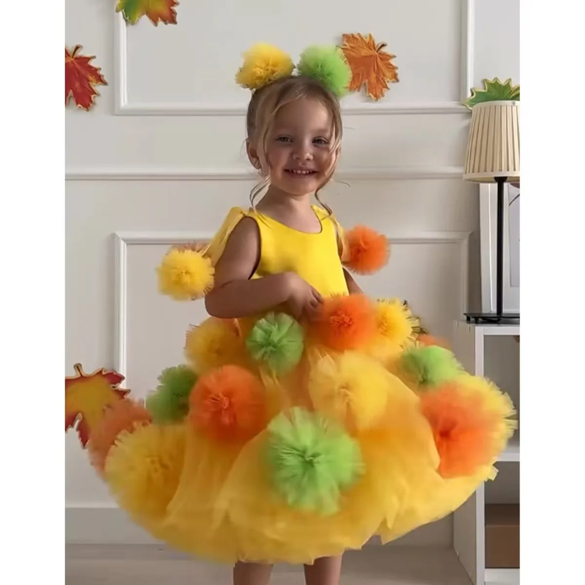 Girl's Rainbow Princess Dress European and American Children's Birthday Show Flower Children's Ponkas Yellow Dress