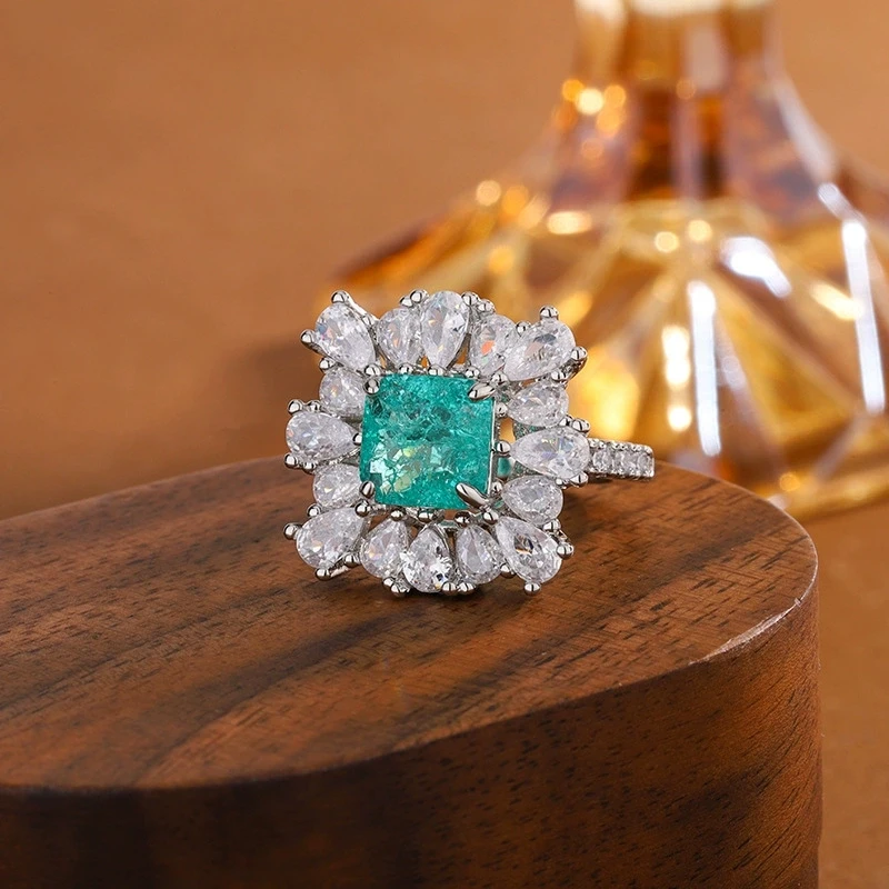 New 925 Sterling Silver Green Stone Lady Weeding Open Rings for Party AAA Cubic Zirconia Gorgeous Women Anniversary Mom Gift