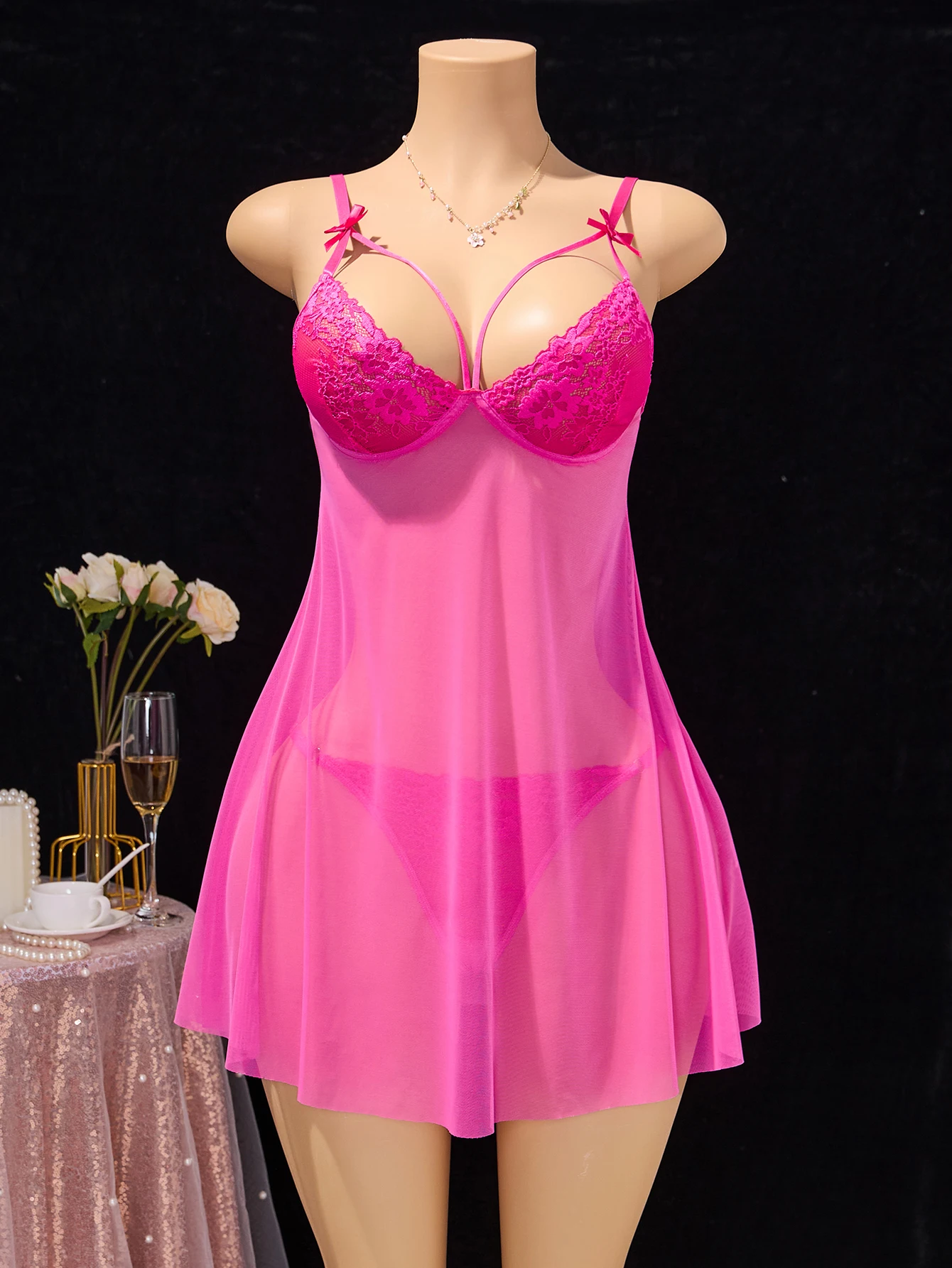 Hot Pink Sheer Mesh Babydoll Chemise Lace Bust With Tiny Bow Straps See Through Lingerie Nightdress Matching Panty Boudoir image 2