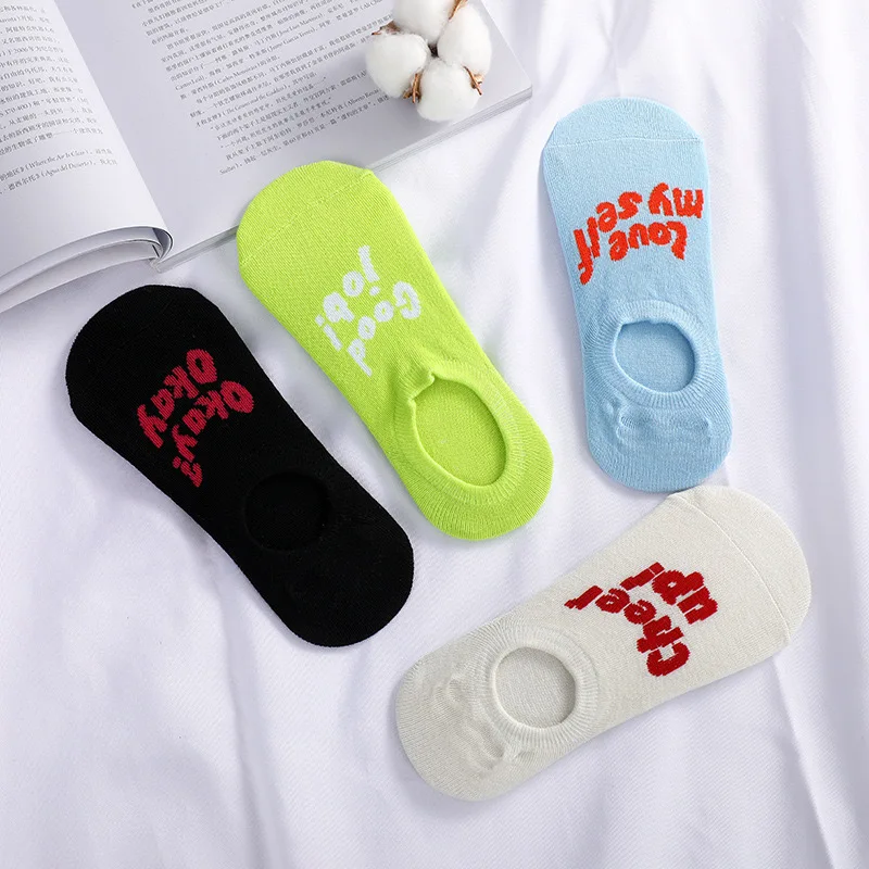 4 Pairs Korea Ins Trend Cotton Cartoon Funny Letters Solid Non-slip Women Low Cut Boat Socks Girls Lovely Slipper Sox Summer